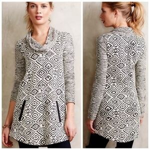 Anthropologie Postage Stamp Black White Geometric Cowl Neck Tunic Sweater Medium